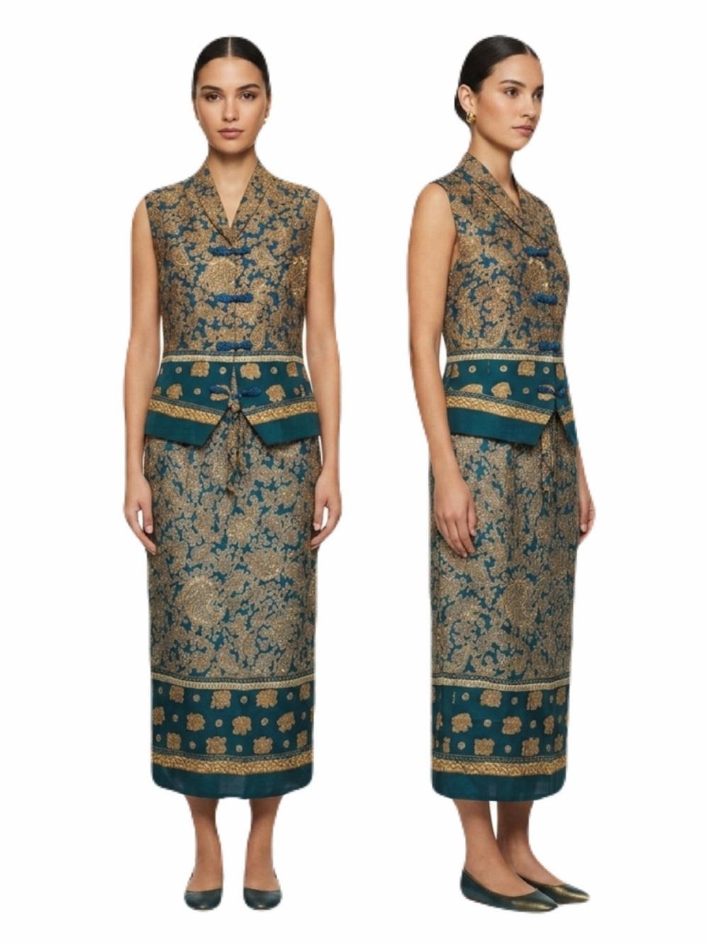 Norton Mcnaughton Vintage Forest Green & Gold Woman’s Sarong & Vest Suit Set